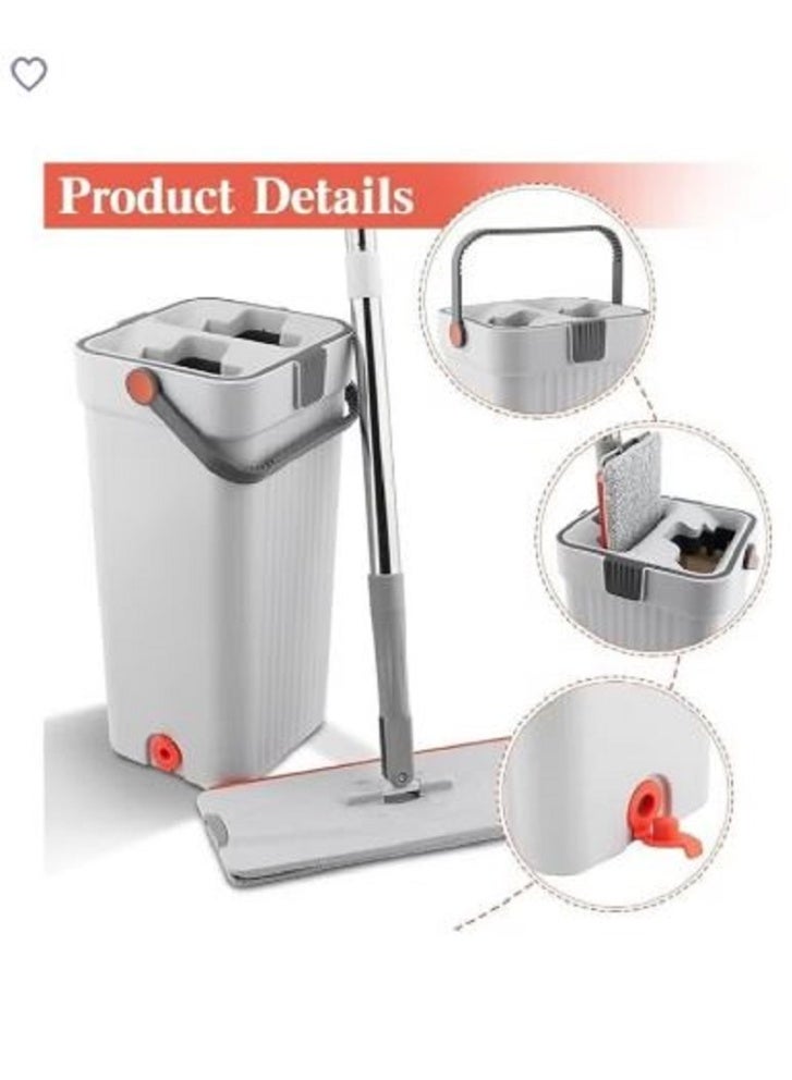 Flat floor mop set with bucket, wringer and two washable microfiber pads. - Image 2